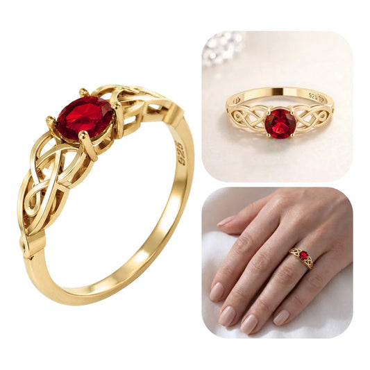 Anel Solitário Celta Knot Prata 925 Dourada 18k - Granada 15