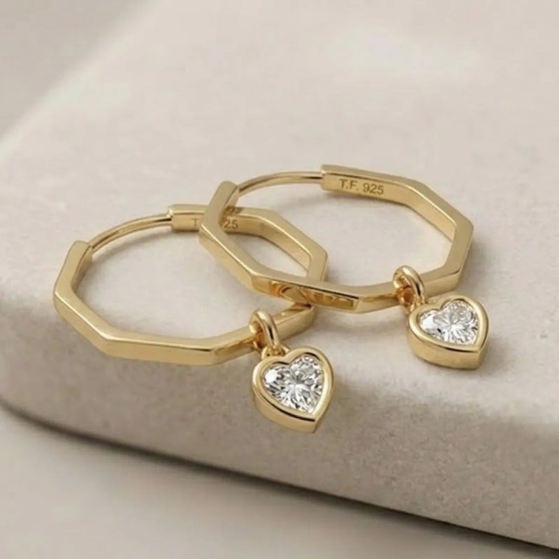 Brinco Argola Hexa Prata 925 Dourada 18k Zirconia Coração Dourado