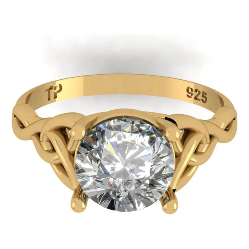 Anel Prata 925 Dourada 18k Celta Knot Trinity - Zircônia