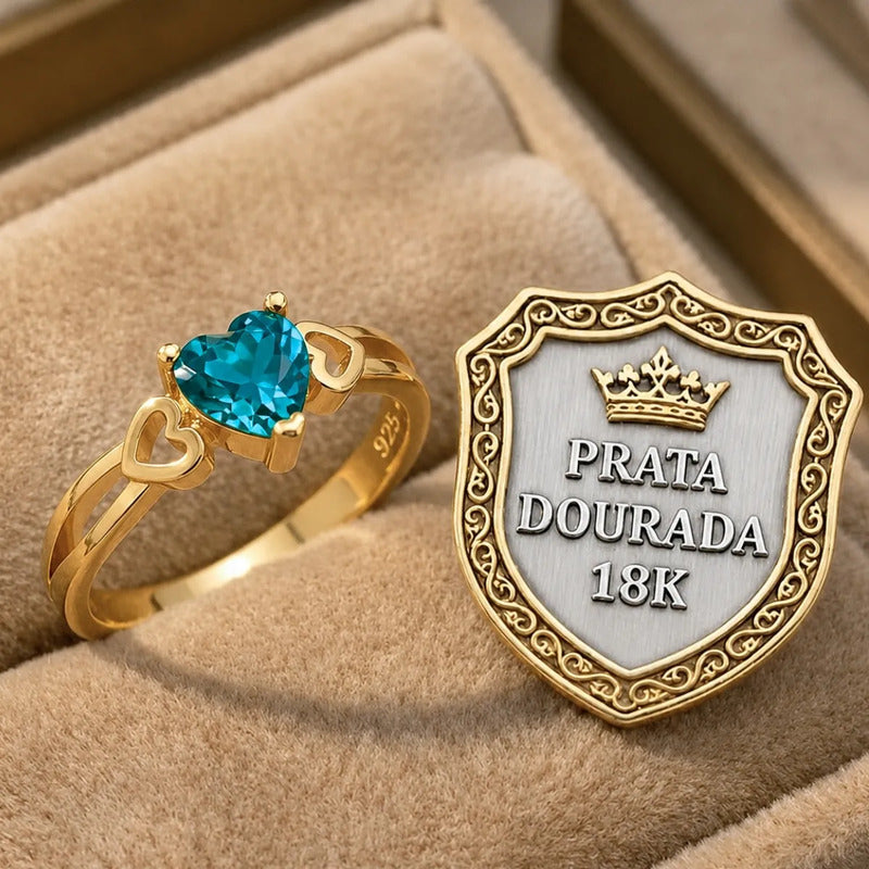Anel Eterno Coração Pura Prata 925 Dourada Ouro 18k Topázio
