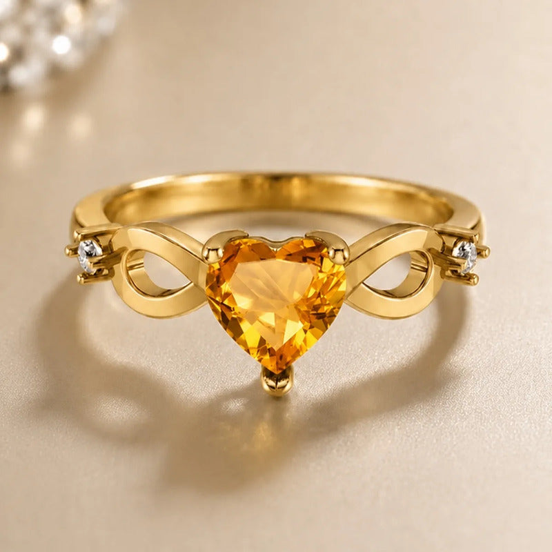 Anel Prata 925 Dourada 18k Infinito Amor Coração Citrino 22