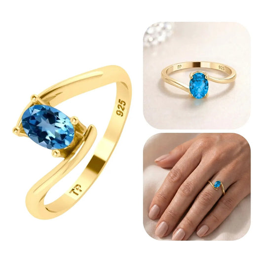 Anel Miami Prata 925 Dourada Ouro 18k - Topázio Azul