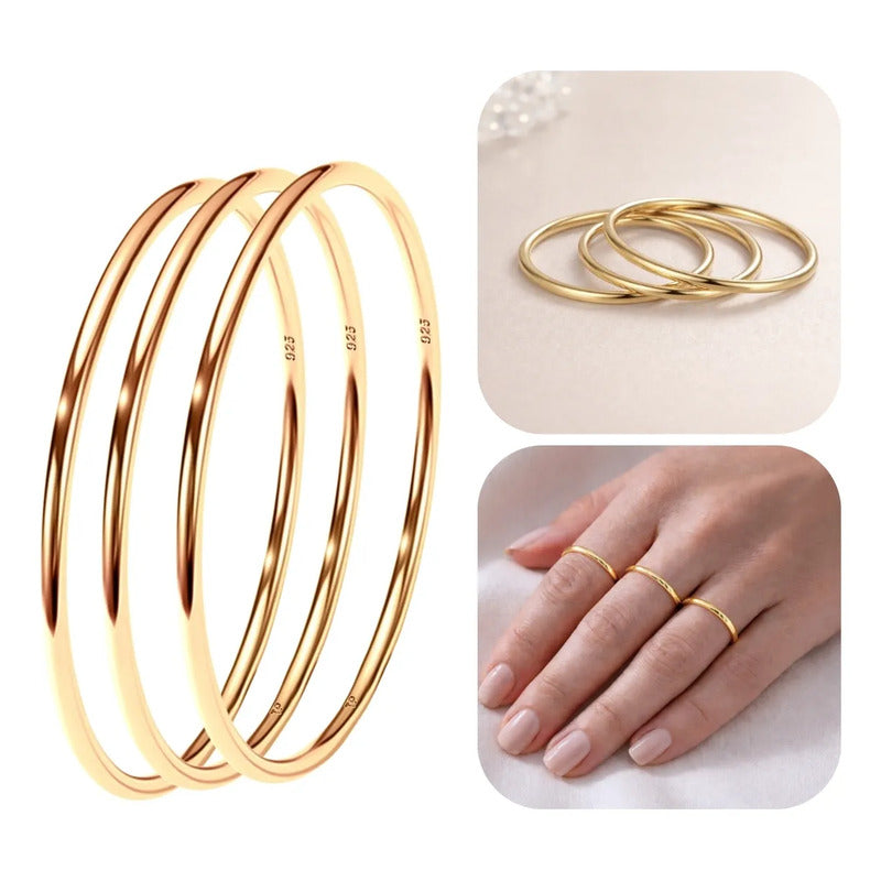 3 Aneis Fio Redondo Aliancinha Prata 925 Dourada Ouro 18k