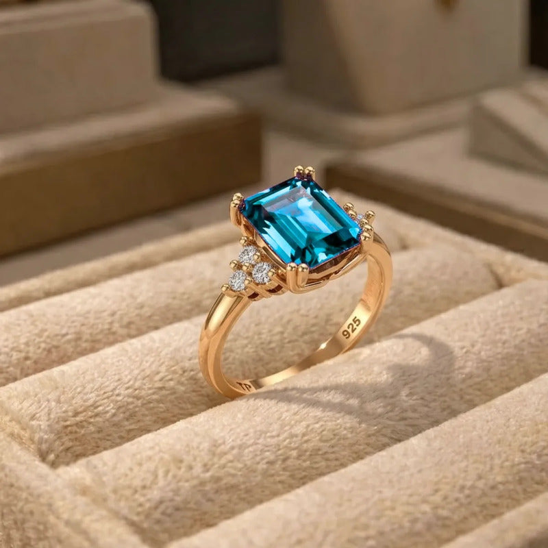 Anel Vintage Clássico Prata 925 Dourada 18k Topázio Azul