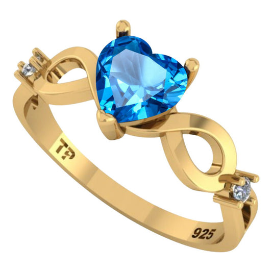 Anel Prata 925 Dourada 18k Infinito Amor Coração - Topázio