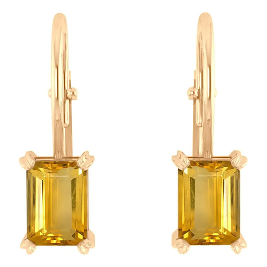 Brinco Trava Retangular Prata 925 Dourada Ouro 18k Citrino Amarelo