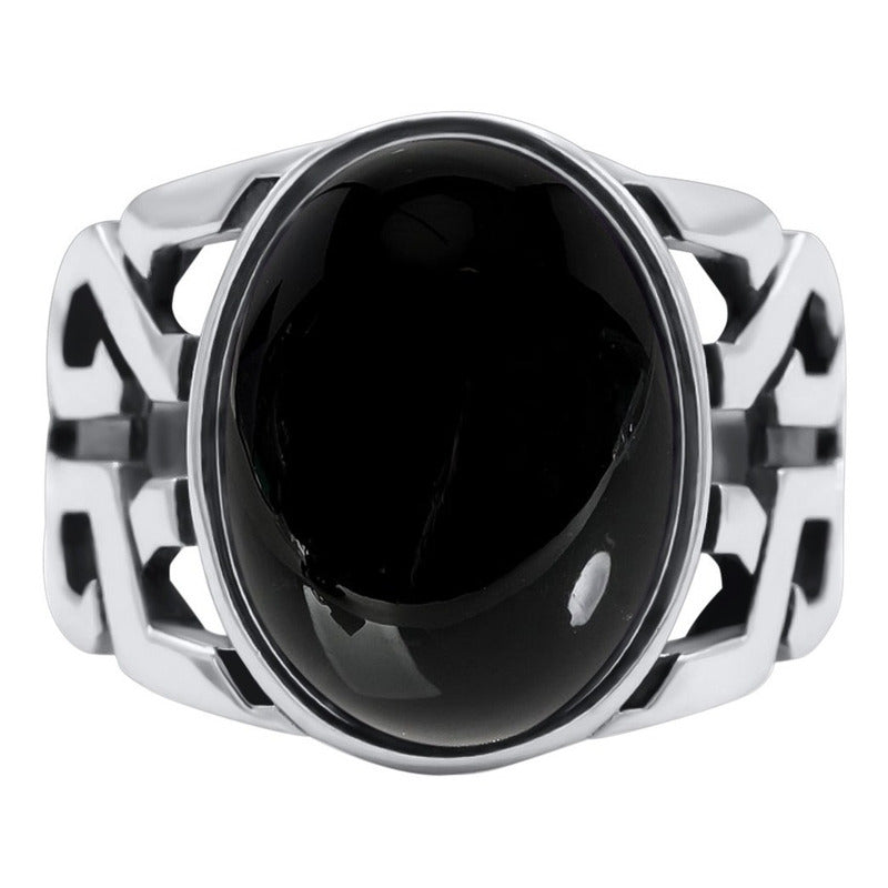Anel Oval Masculino Black Ônix Elos Esculpido Prata 925