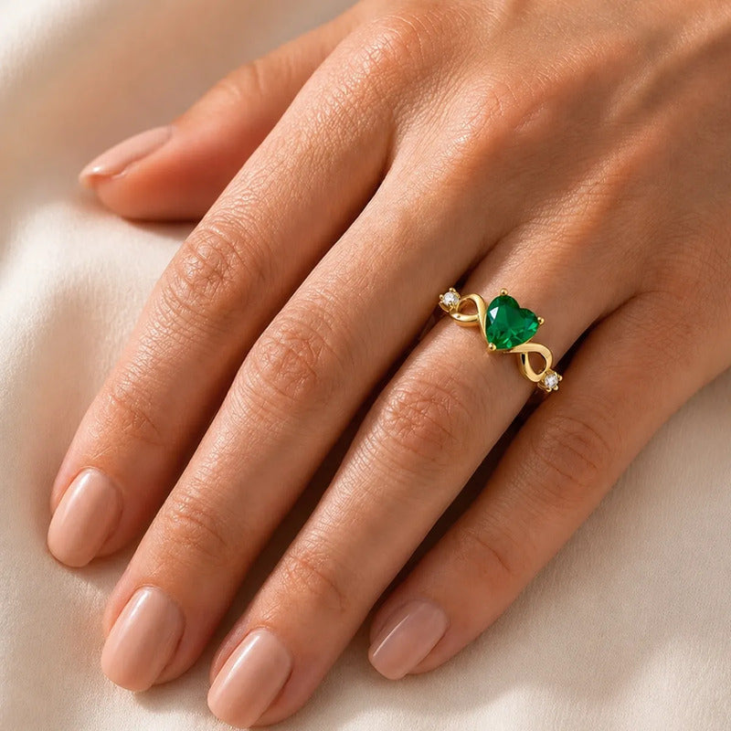 Anel Prata 925 Dourada 18k Infinito Amor Coração - Esmeralda