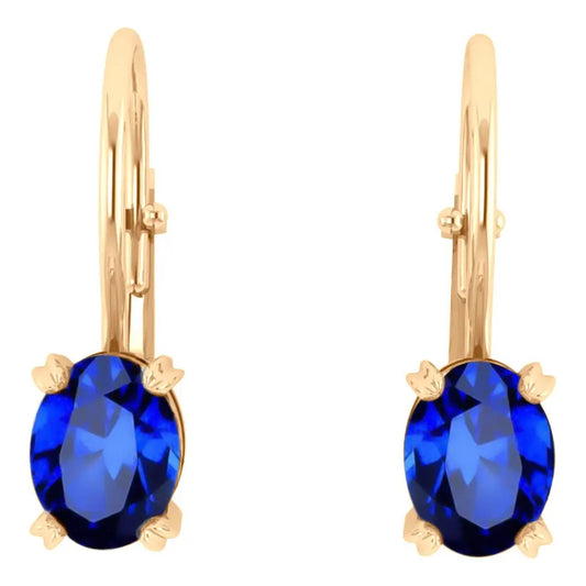 Brinco Trava Pura Prata 925 Dourada 18k - Safira Oval  Azul