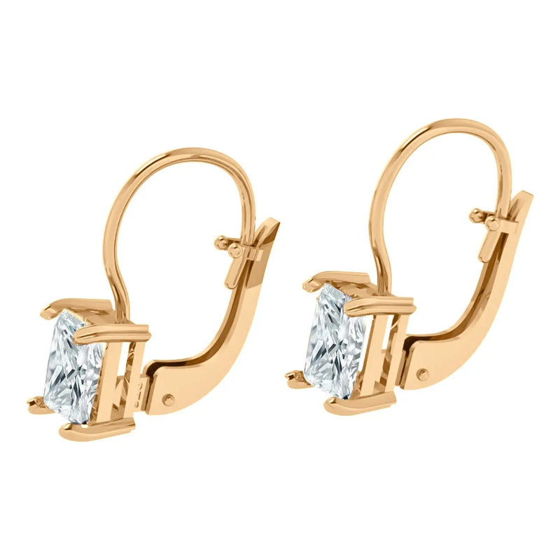 Brinco Trava Retangular Prata 925 Dourada Ouro 18k- Zircônia Branco