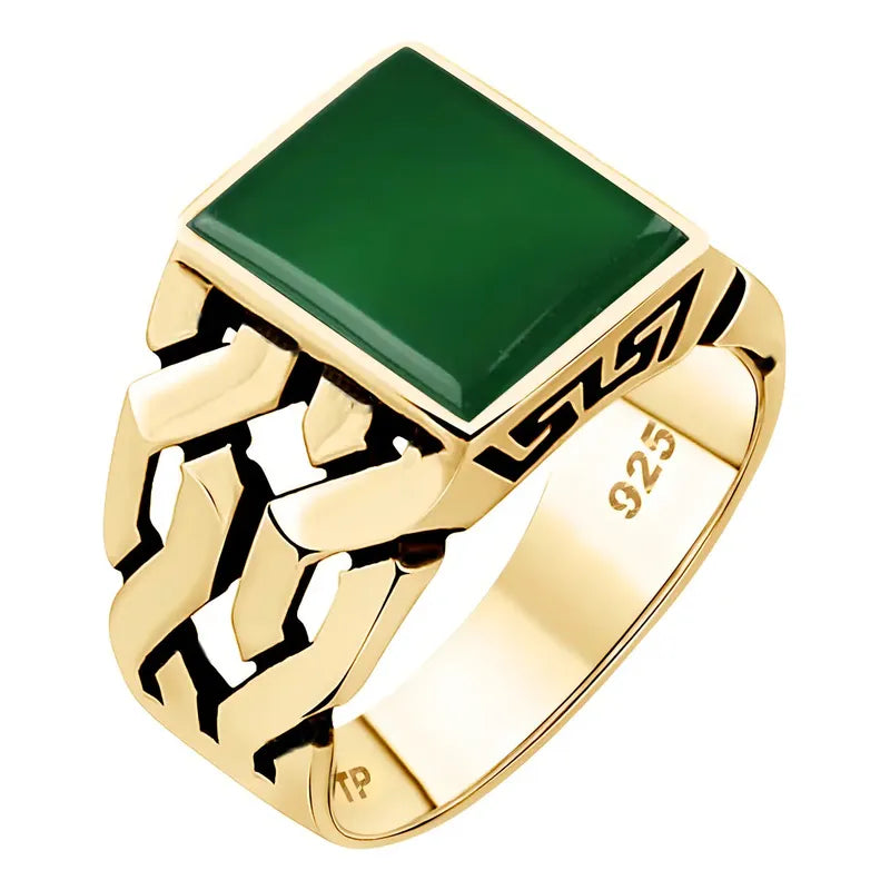 Anel Masculino De Ouro Vermeil Em Prata 925 Com Ágata Verde Natural 25
