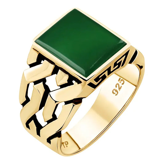 Anel Masculino De Ouro Vermeil Em Prata 925 Com Ágata Verde Natural 25