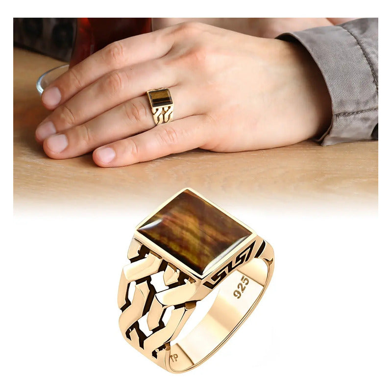 Anel Masculino Elos Prata 925 Dourada Ouro 18k Olho De Tigre