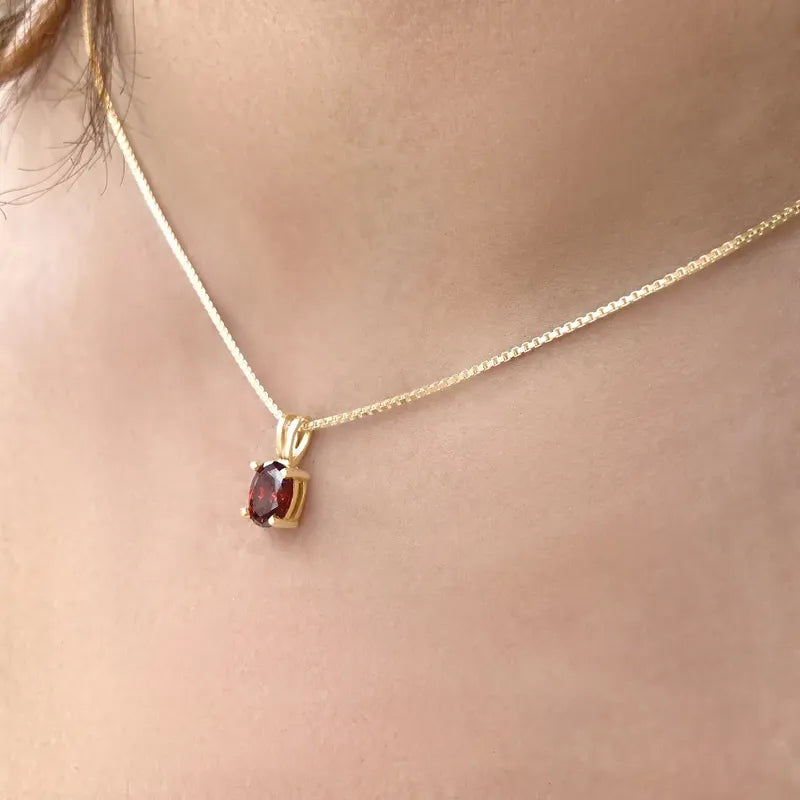Colar Pingente Oval Prata 925 Dourada 18k - Granada Vermelho