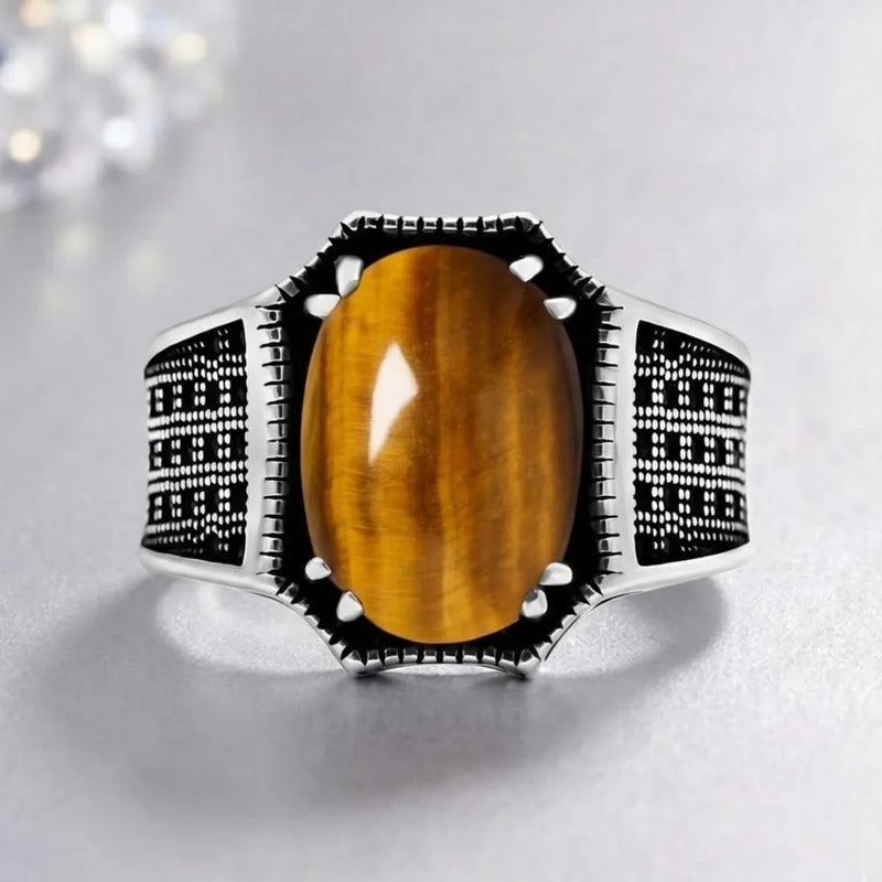 Anel Prata 925 Olho De Tigre Natural Cabochão Exclusivo
