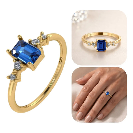 Anel Viena Retangular Prata 925 Dourada 18k - Safira