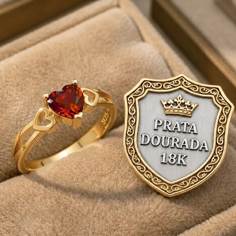 Anel Eterno Coração Prata 925 Dourada 18k Ouro Granada