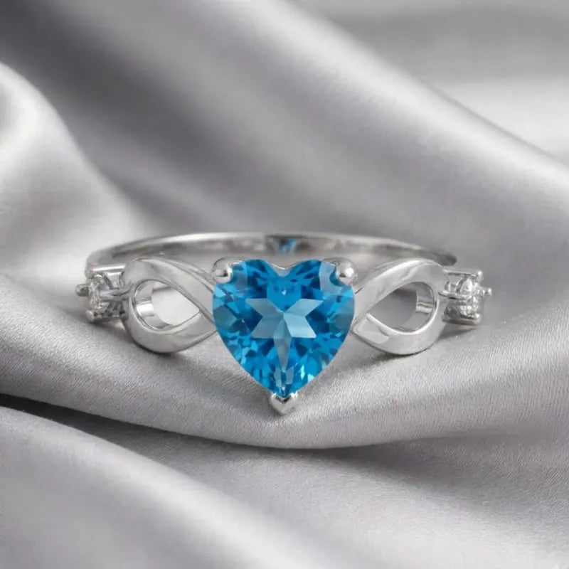 Anel Prata 925 Infinito Amor Coração - Topázio Azul