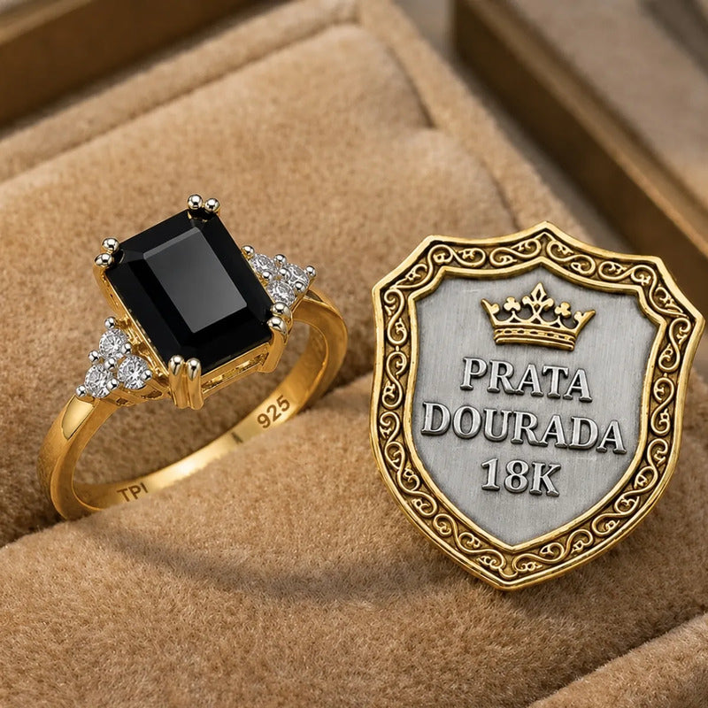 Anel Vintage Clássico Prata 925 Dourada 18k Onix