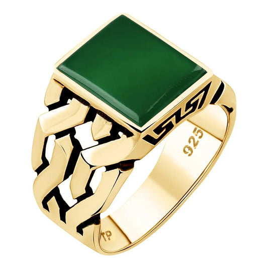 Anel Masculino Prata 925 Banhado Ouro 18k Ágata Verde Tamanho 31 Verde-escuro
