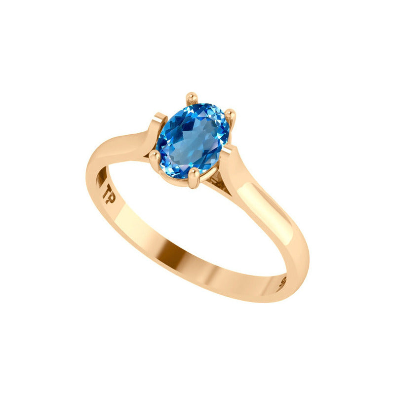 Anel Solitário Oval Em Prata 925 Dourada 18k - Topázio Azul
