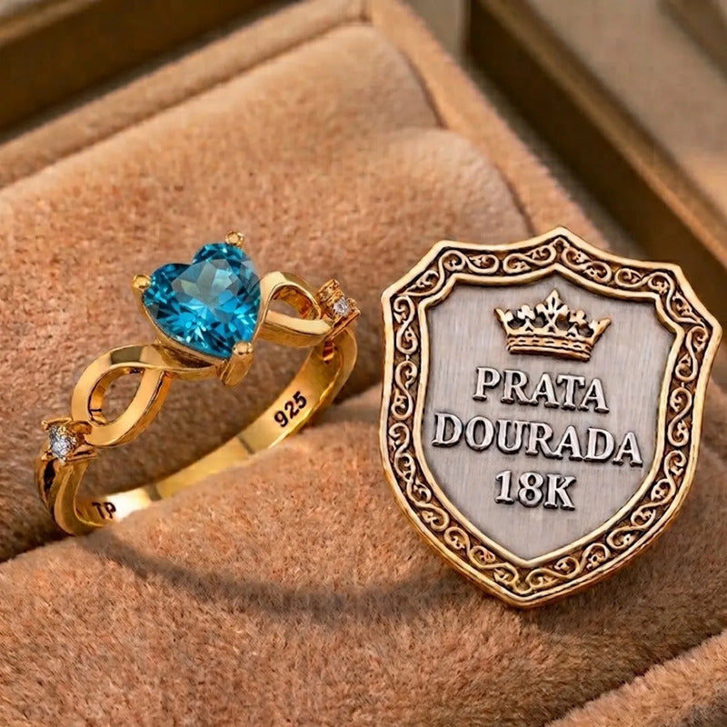 Anel Prata 925 Dourada 18k Infinito Amor Coração - Topázio