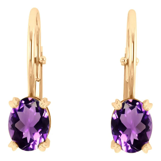 Brinco Trava Prata 925 Dourada 18k - Ametista Oval Violeta