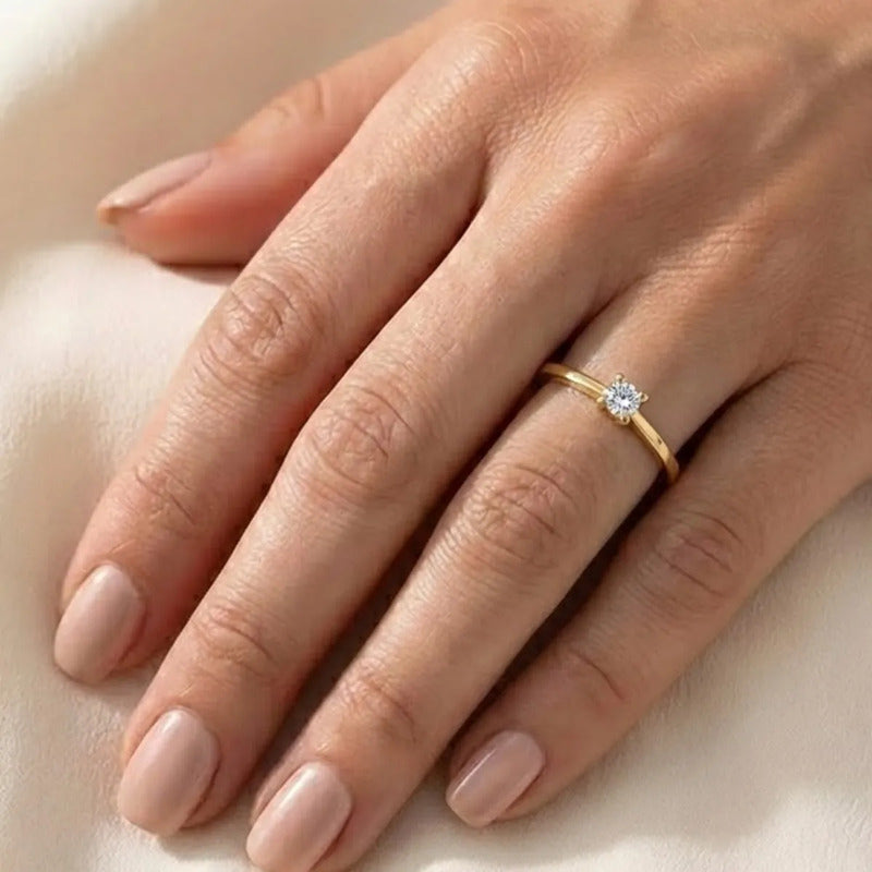 Anel Solitário Clássico Prata 925 Dourada 18k - Zircônia