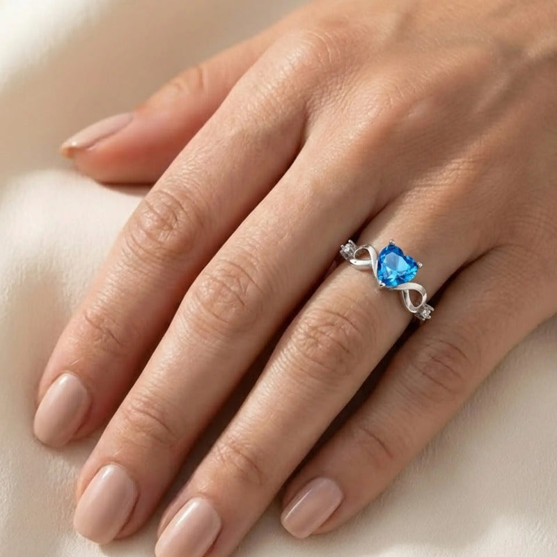 Anel Prata 925 Infinito Amor Coração - Topázio Azul