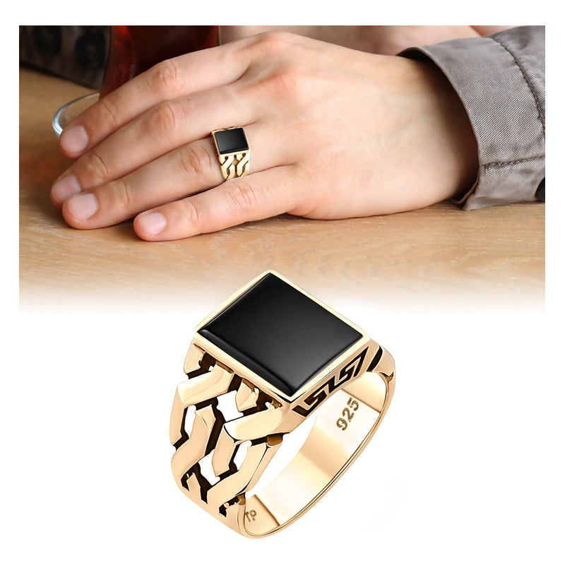 Anel Masculino Elos Prata 925 Dourada Ouro 18k - Black Onix