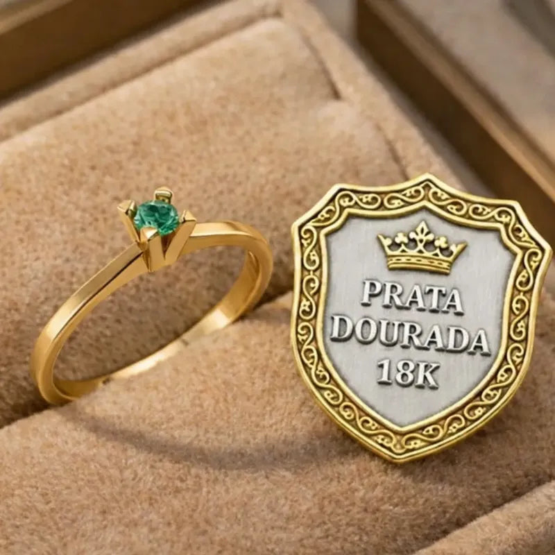 Anel Solitário Clássico Prata 925 Dourada 18k - Esmeralda