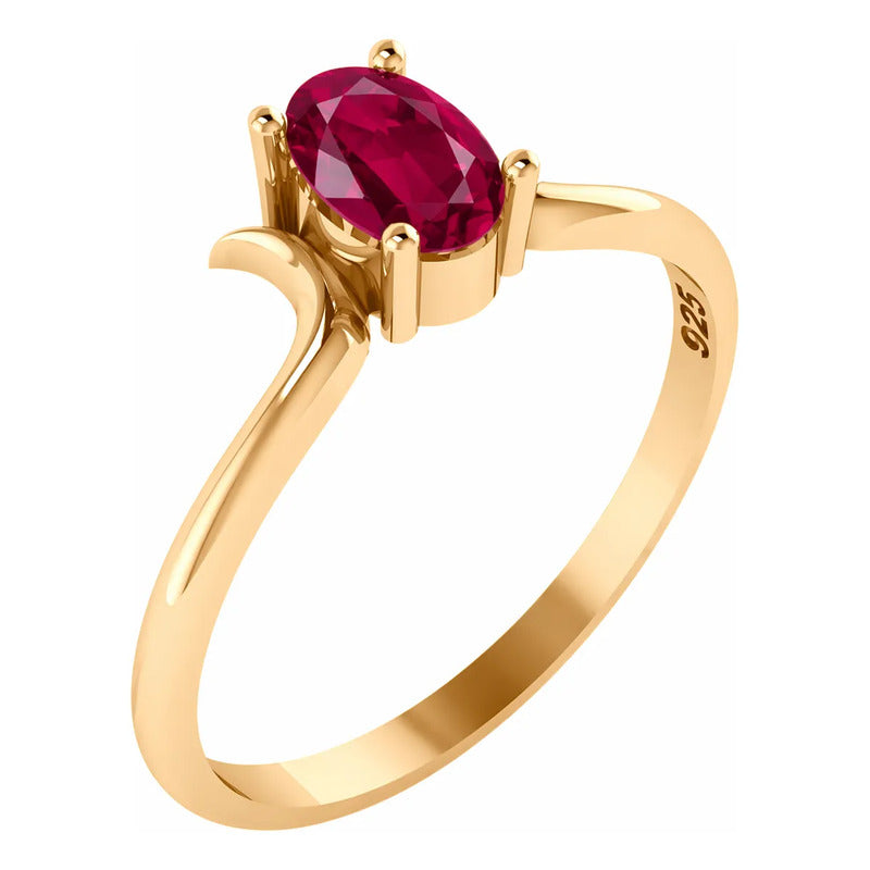 Anel Roma Solitário Prata 925 Dourada Ouro 18k - Rubi