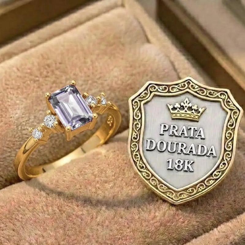 Anel Viena Retangular Prata 925 Dourada 18k - Zircônia