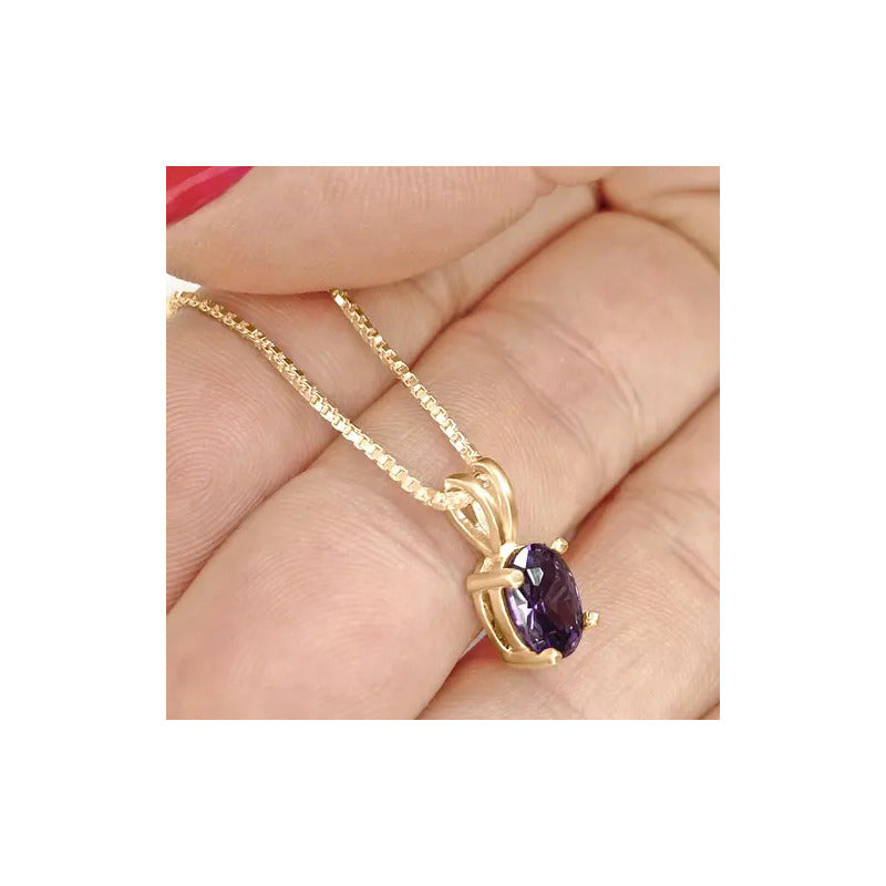 Pingente Oval Prata 925 Dourada 18k - Ametista Roxo
