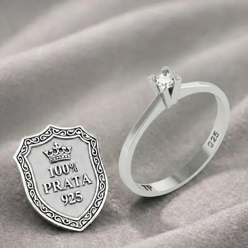 Anel Solitário Zirconia Tradicional Prata 925 -  Feminino