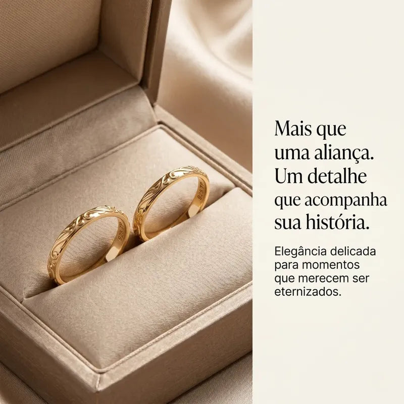 Par Aliança Casamento Arabesco Prata 925 Dourada Ouro 18k Tamanho Feminino 13 Tamanho Masculino 22