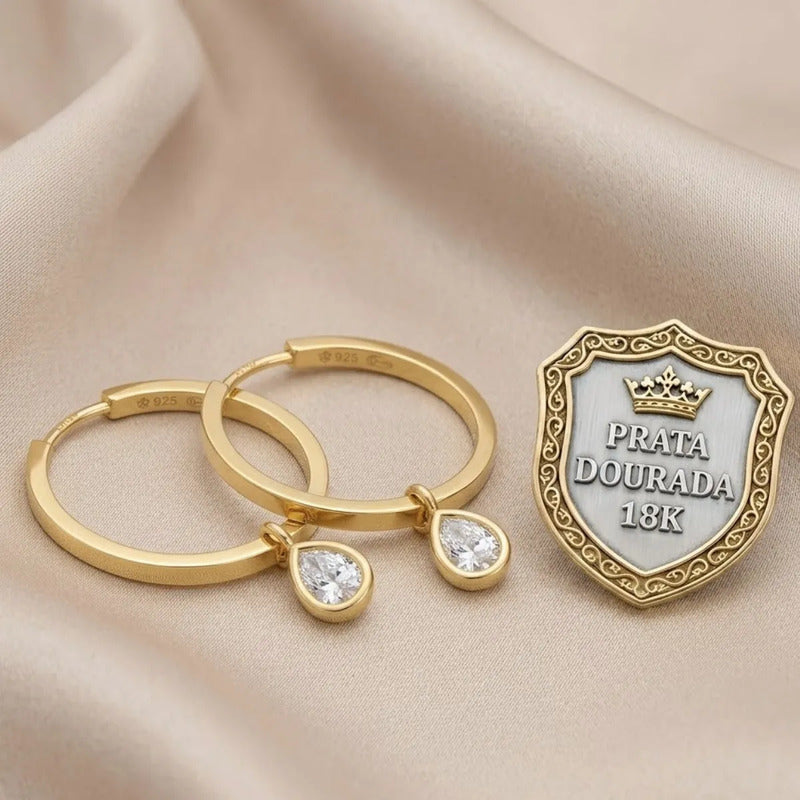 Brinco Argola Prata 925 Dourada 18k Pingente Gota - Zircônia Dourado