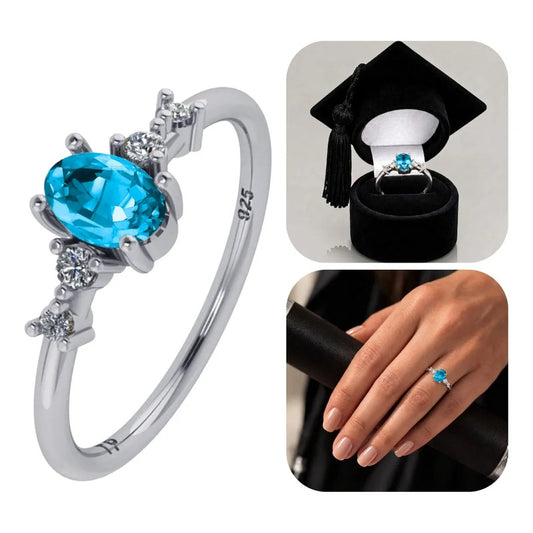 Anel Formatura Feminino Prata 925 + Caixinha Capelo Topázio Azul 21