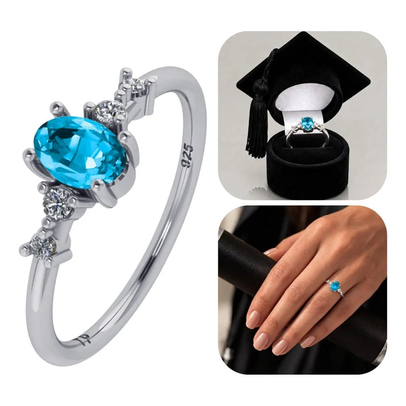 Anel Formatura Feminino Prata 925 + Caixinha Capelo Topázio Azul 20