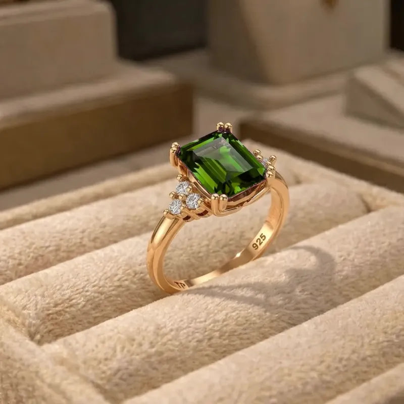 Anel Vintage Clássico Prata 925 Dourada Ouro 18k Esmeralda