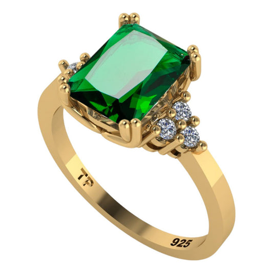 Anel Vintage Clássico Prata 925 Dourada Ouro 18k Esmeralda
