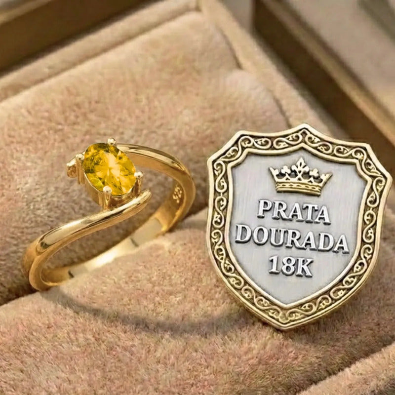 Anel Prata 925 Dourado 18k Solitário Miami Citrino Exclusivo
