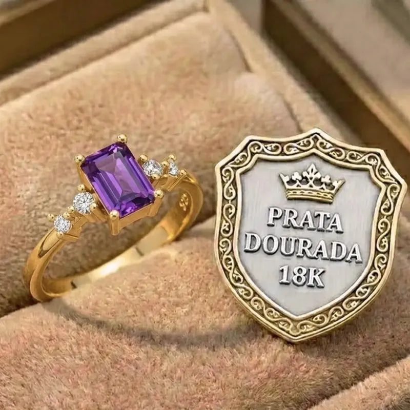 Anel Viena Retangular Prata 925 Dourada 18k Ametista
