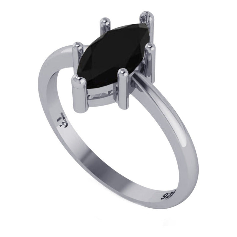 Anel Prata 925 Solitário Navete Black Onix - Exclusivo