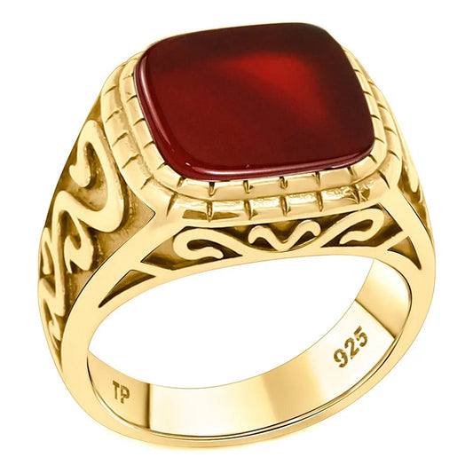 Anel Masculino Esculpido Prata 925 Dourada 18k - Ágata Verm