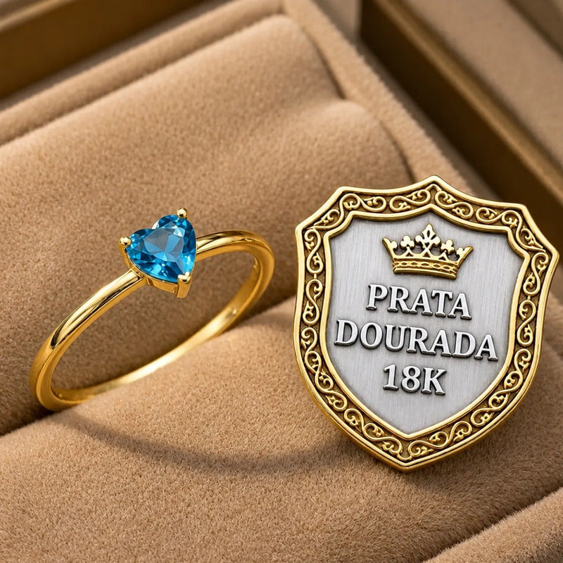 Anel Solitário Topázio Coração Prata 925 Dourada  Ouro 18k
