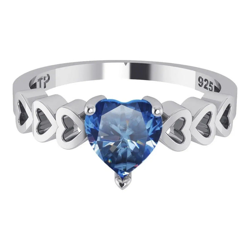 Anel Luxo Pura Prata 925 Topázio Azul Coração - Feminino