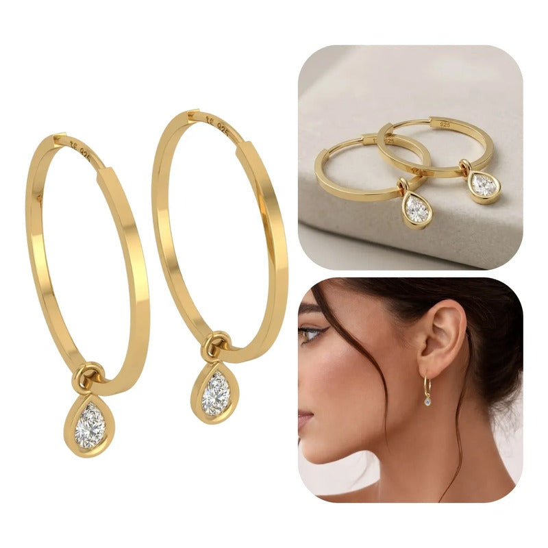 Brinco Argola Prata 925 Dourada 18k Pingente Gota - Zircônia Dourado