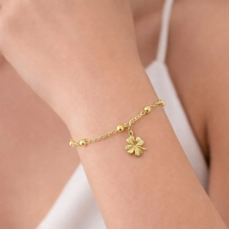Pulseira Prata 925 Dourada 18k Trevo Da Sorte Bolinha 3mm 18 Cm