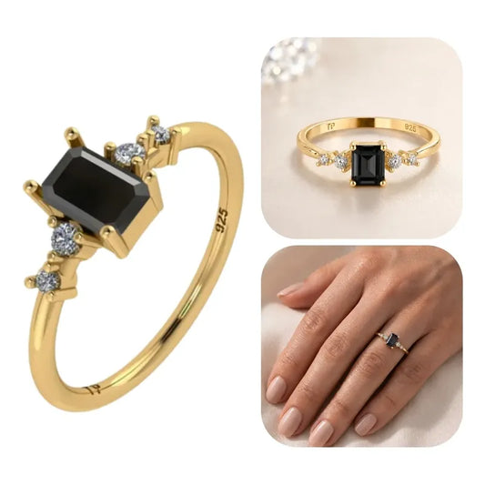 Anel Viena Retangular Prata 925 Dourada 18k - Onix